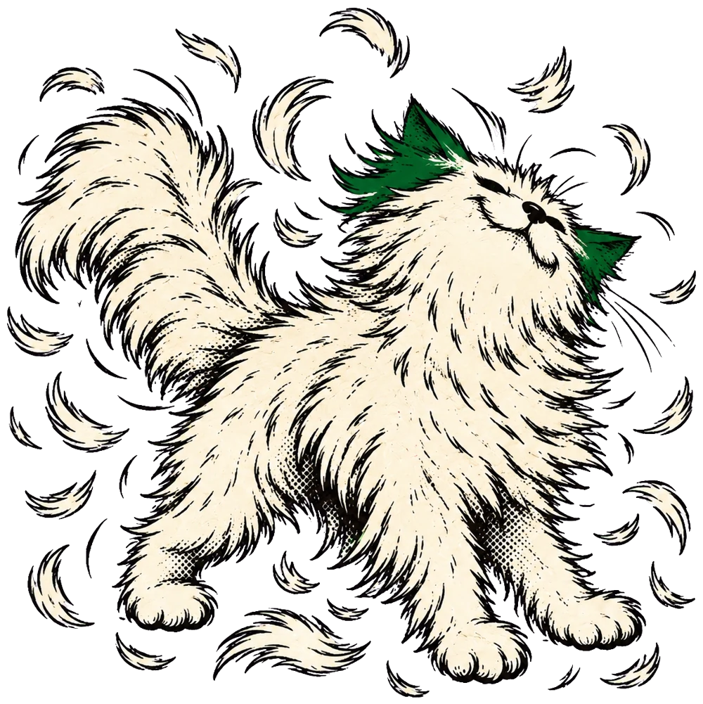 Le chat s'ébroue dans un nuage de poils.
